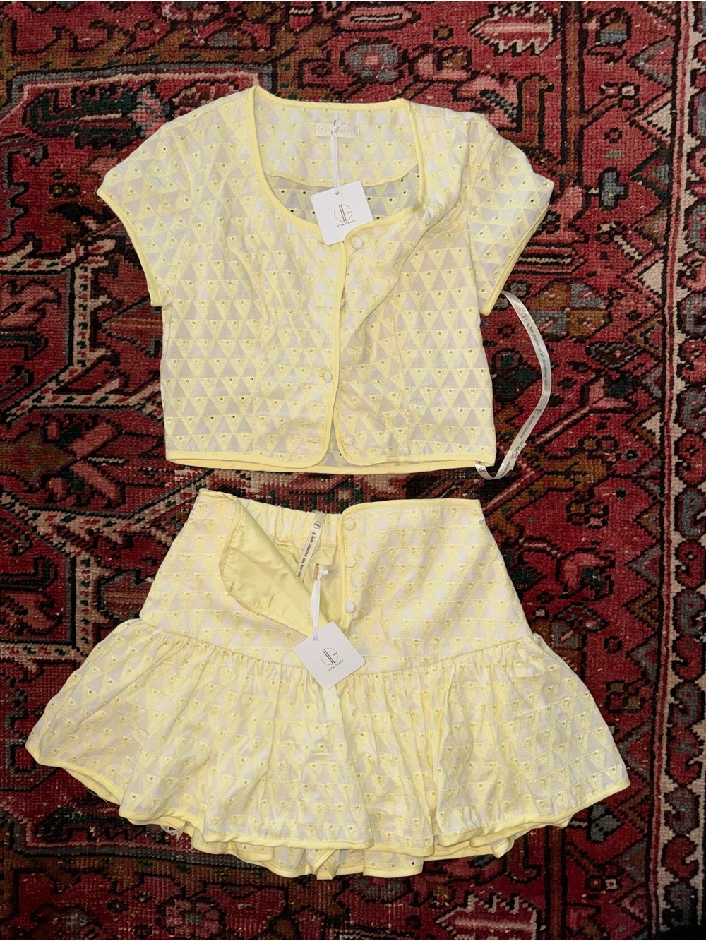Vita grace Yellow Embroidered Two-Piece Crop Top & Ruffle Skirt Set